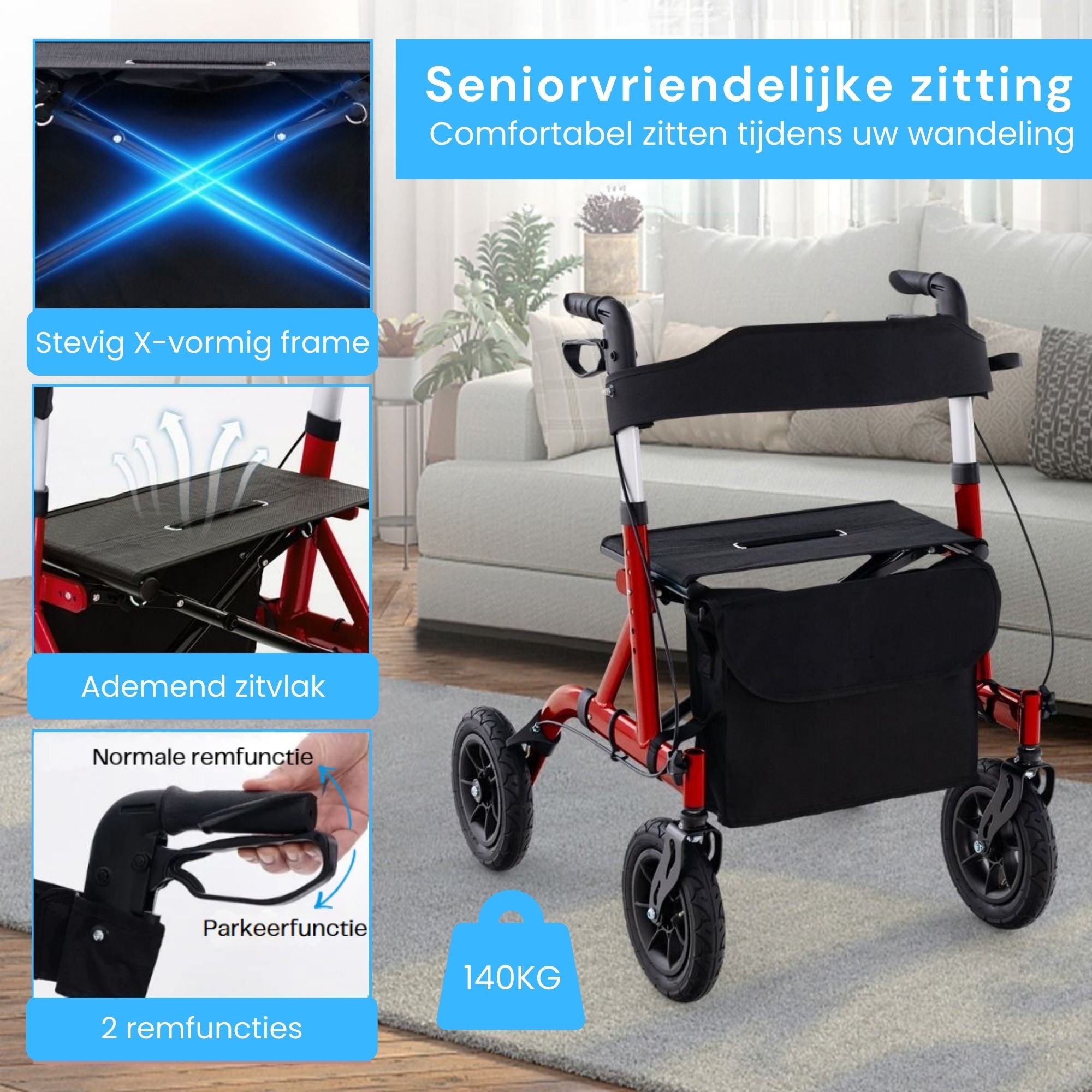 Rollator met all-terrain luchtbanden en comfortabele zitfunctie rood met stevig X-vormig frame en ademend zitvlak