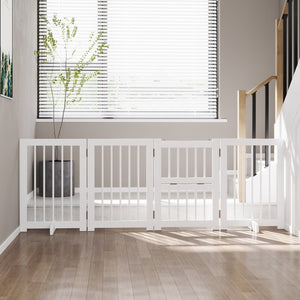 Wit traphek zonder boren – 215x75 cm, veilig hondenhek voor binnen, eenvoudig te plaatsen en stijlvol in huis