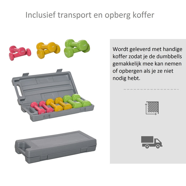 Complete dumbbell set met 6 gewichten en handige koffer voor aerobics en training