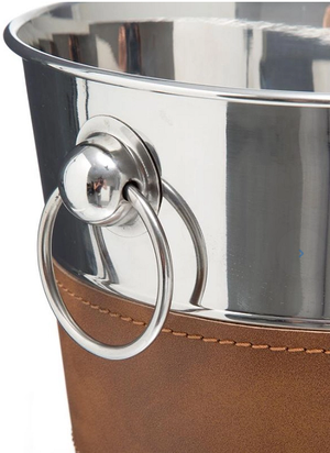 RVS ijsemmer en wijnkoeler – ø21 x 21 cm voor stijlvolle koeling met bruin kunstleer en stevig handvat