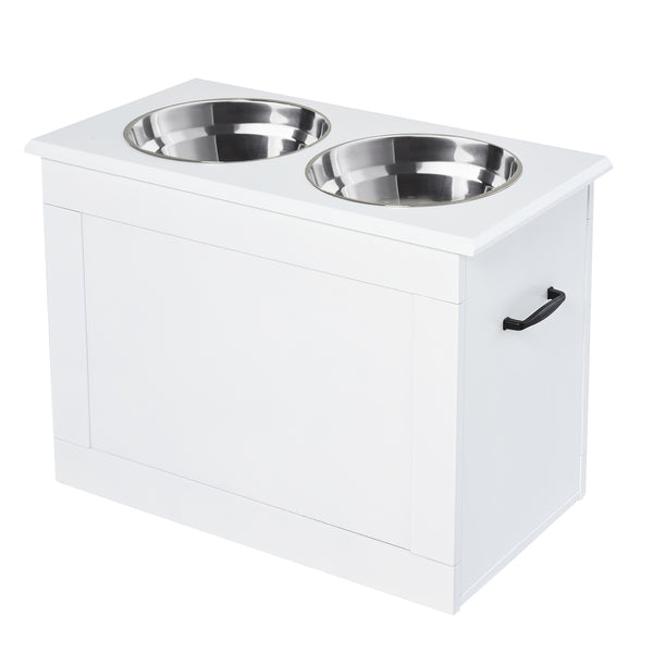 Verhoogde witte voerbak van MDF en RVS – ergonomisch en hygiënisch voor hond of kat