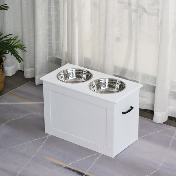 Verhoogde witte voerbak van MDF en RVS – ergonomisch en hygiënisch voor hond of kat