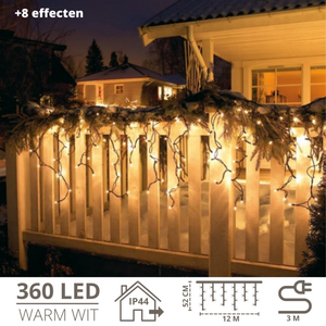 Ijspegelverlichting met 360 LED’s en 8 functies – 12 meter warm wit voor buitengebruik voor sfeervolle feestdecoratie