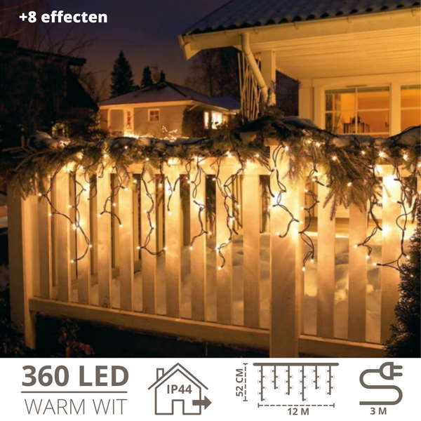 Ijspegelverlichting met 360 LED’s en 8 functies – 12 meter warm wit voor buitengebruik