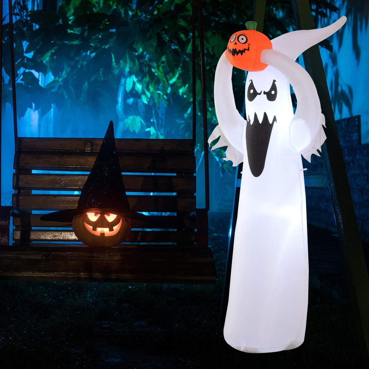 Halloween decoratie pompoen spook met sfeerverlichting opblaasbaar 180 cm