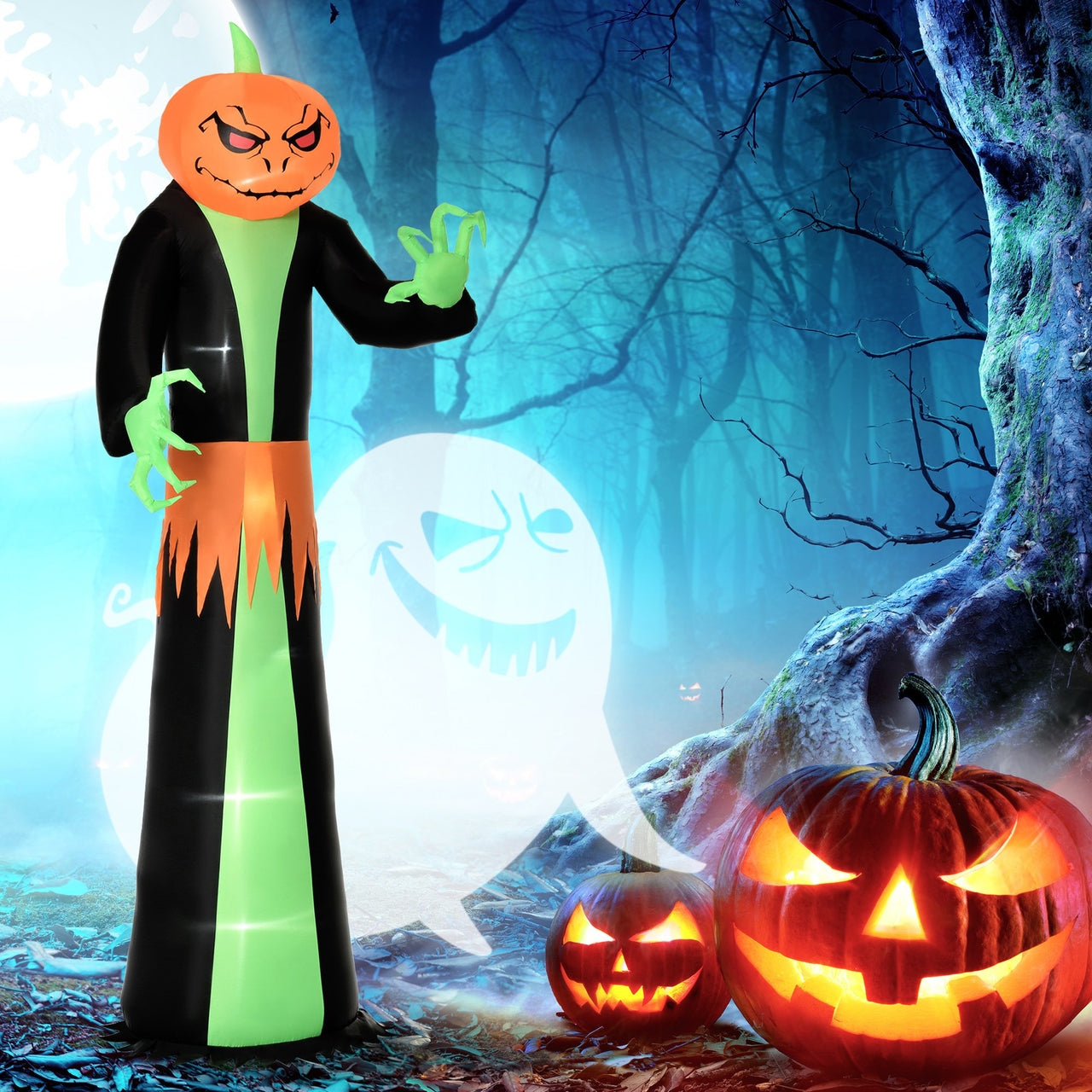 Halloween decoratie spook met pompoenhoofd opblaasbaar met verlichting 270 cm