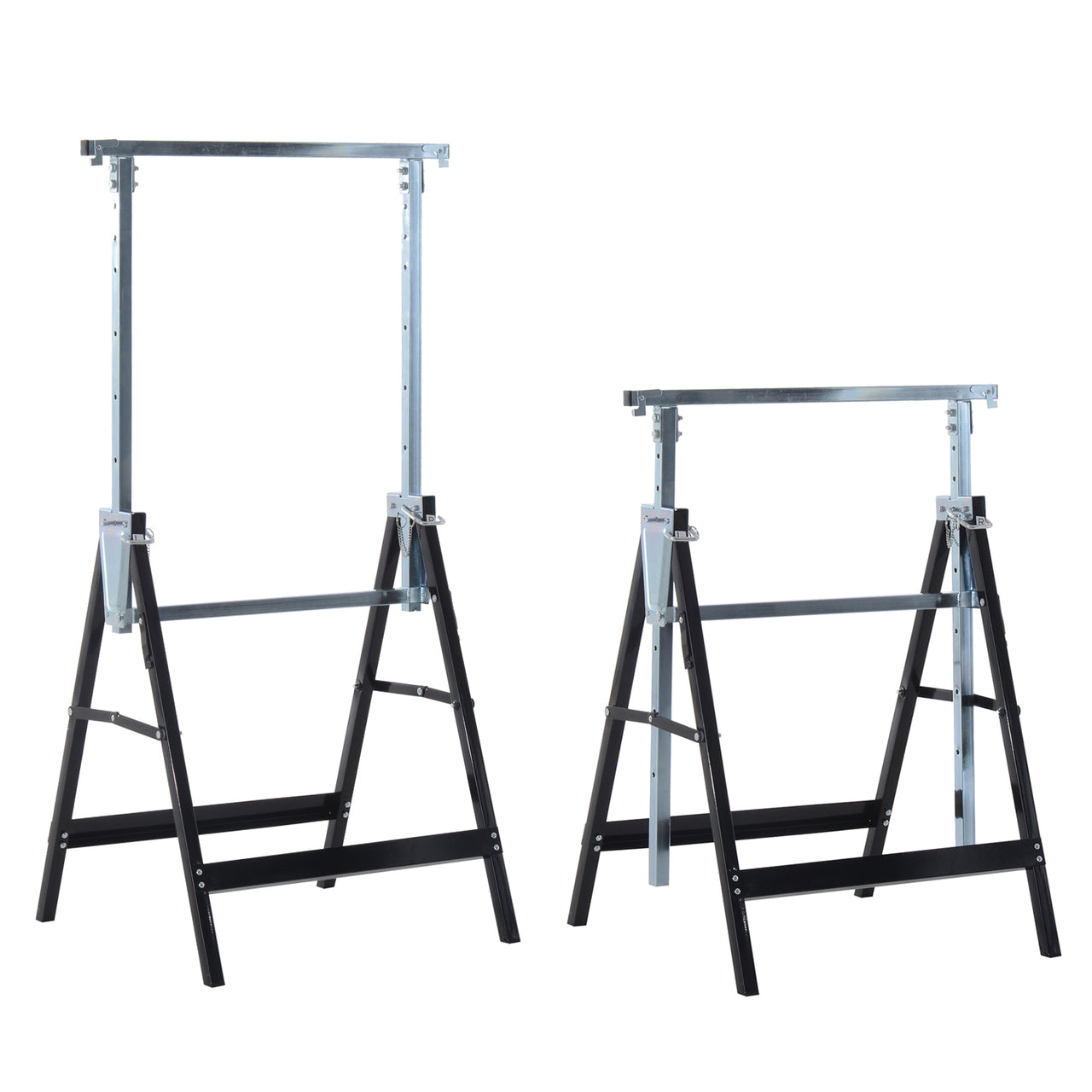 Verstelbare zaagbok van zwart staal voor stabiele werkondersteuning, 68x58xh(80-130)cm
