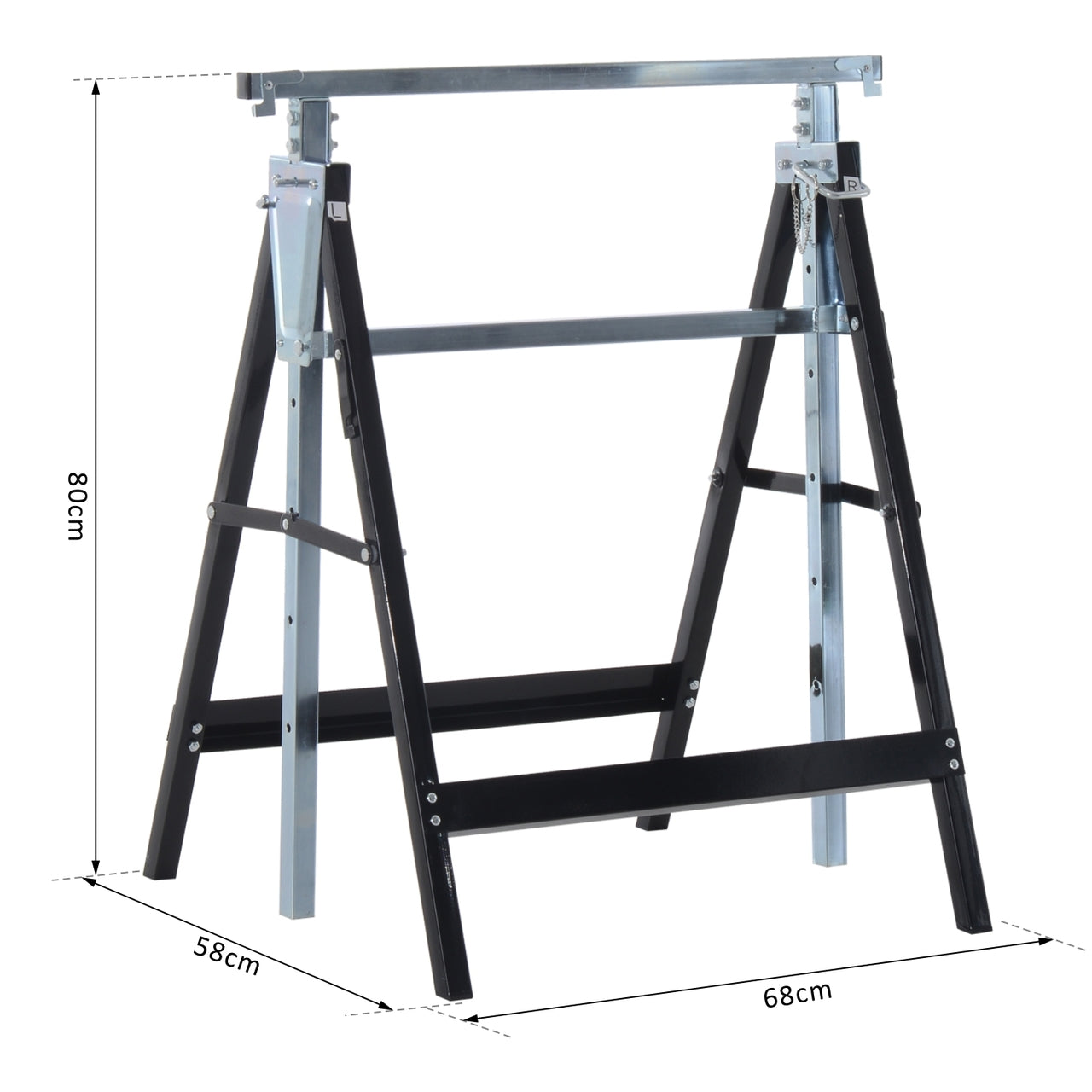 Verstelbare zaagbok van zwart staal voor stabiele werkondersteuning, 68x58xh(80-130)cm