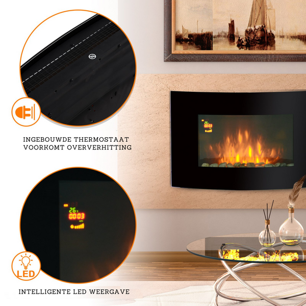 Elektrische wandhaard 1800 W zwart met thermostaat voor comfortabele warmte en sfeer