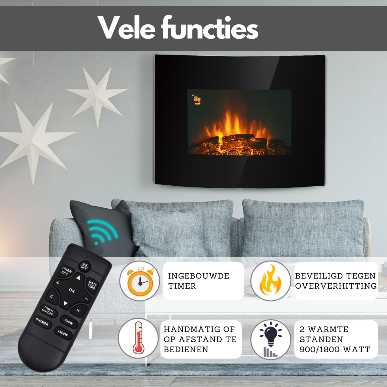 Elektrische wandhaard 1800 W zwart met thermostaat voor comfortabele warmte en sfeer