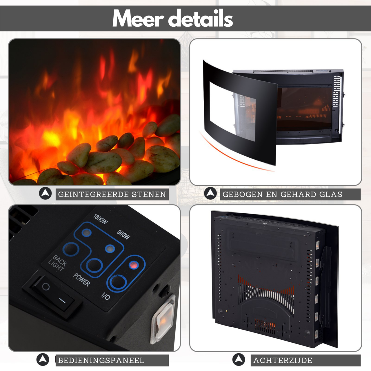 Elektrische wandhaard 1800 W zwart met thermostaat voor comfortabele warmte en sfeer