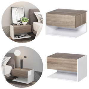 Set van 2 zwevende nachtkastjes wit met noten accenten voor moderne wandmontage | Zenzee, strak en functioneel design