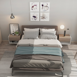 Set van 2 zwevende nachtkastjes wit met noten accenten voor moderne wandmontage | Zenzee in stijlvolle slaapkameropstelling