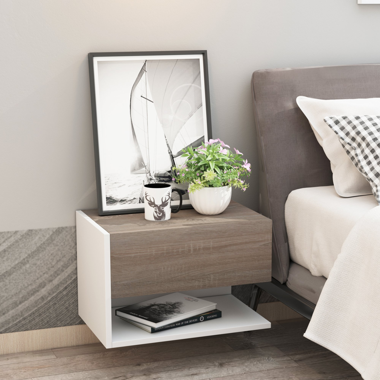 Set van 2 zwevende nachtkastjes wit met noten accenten voor moderne wandmontage | Zenzee