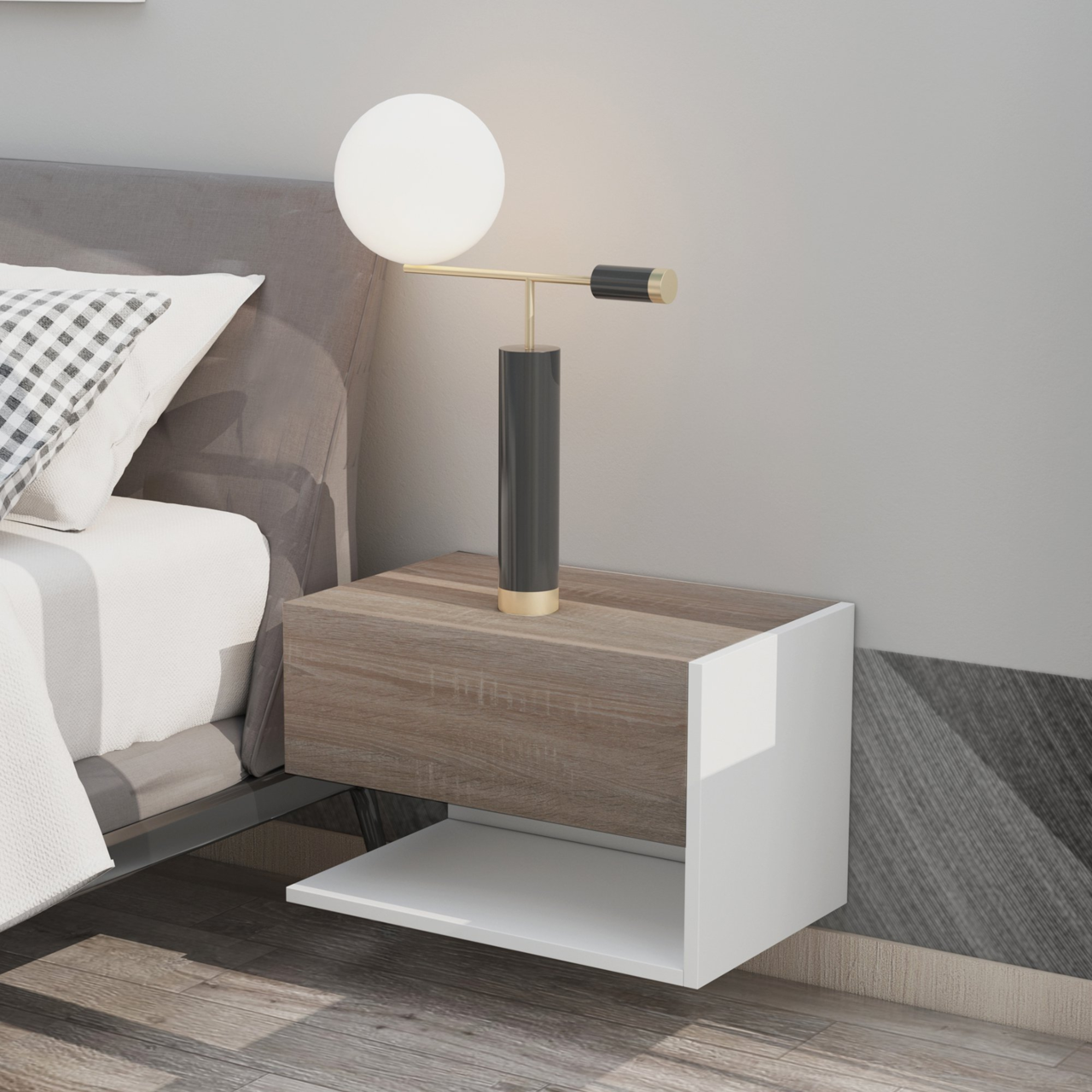 Set van 2 zwevende nachtkastjes wit met noten accenten voor moderne wandmontage | Zenzee
