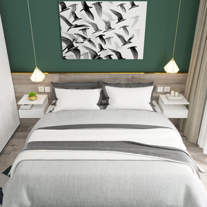 Zwevende nachtkastjes met lade wit – Set van 2 wandmodellen | Zenzee in moderne slaapkamer met bed en wanddecoratie