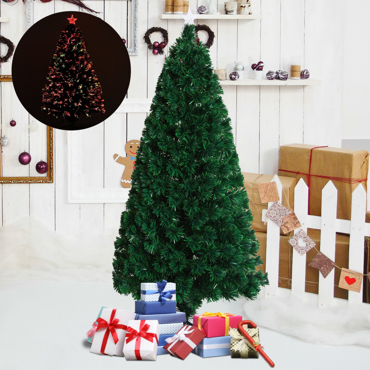 Kunstkerstboom met glasvezel verlichting en decoratie 150 cm