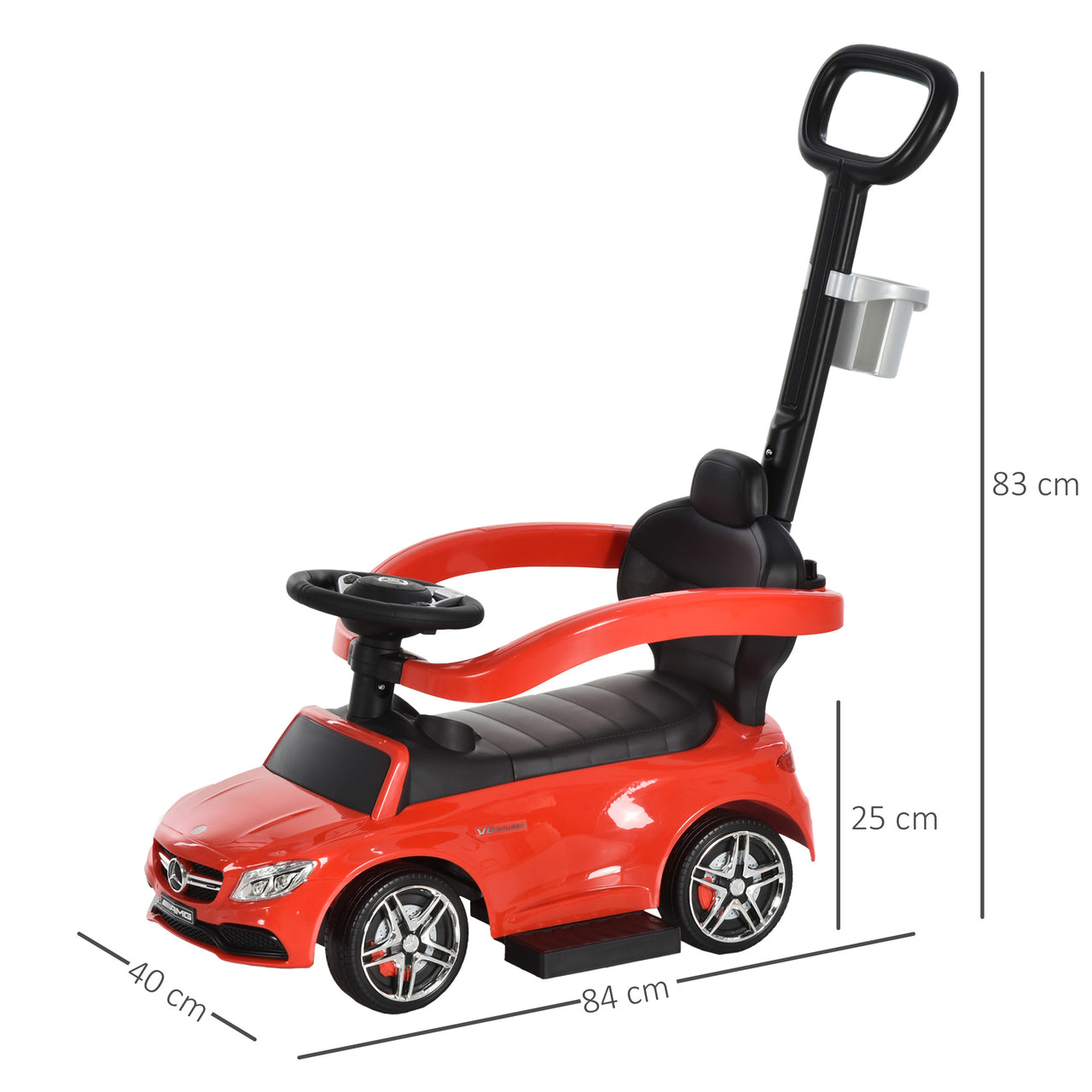 Rode loopwagen met duwstang en rugleuning 84x40x83 cm voor veilige eerste stapjes