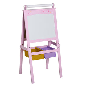 Roze tekenbord met whiteboard en krijtbord 58,5x50,5x118 cm voor creatief gebruik met papierrol en gekleurde opbergruimte
