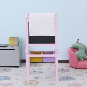 Roze tekenbord met whiteboard en krijtbord 58,5x50,5x118 cm voor creatief gebruik, inclusief papierrol en opbergmanden