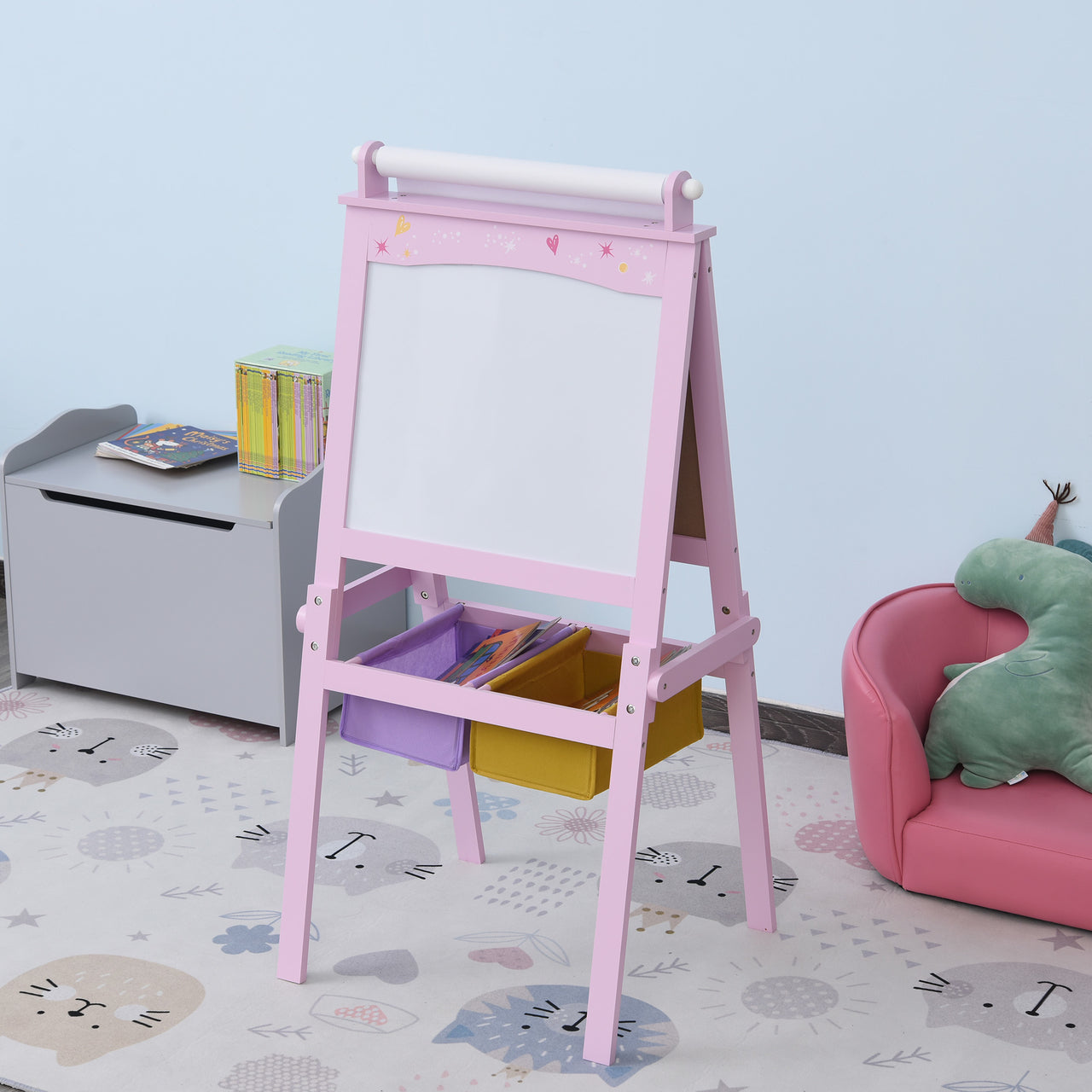 Roze tekenbord met whiteboard en krijtbord 58,5x50,5x118 cm voor creatief gebruik