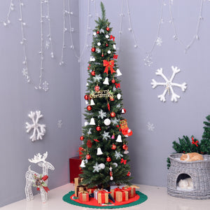 Smalle groene kunstkerstboom pencil tree 180 cm voor stijlvolle kerstdecoratie met feestelijke rode en witte versiering