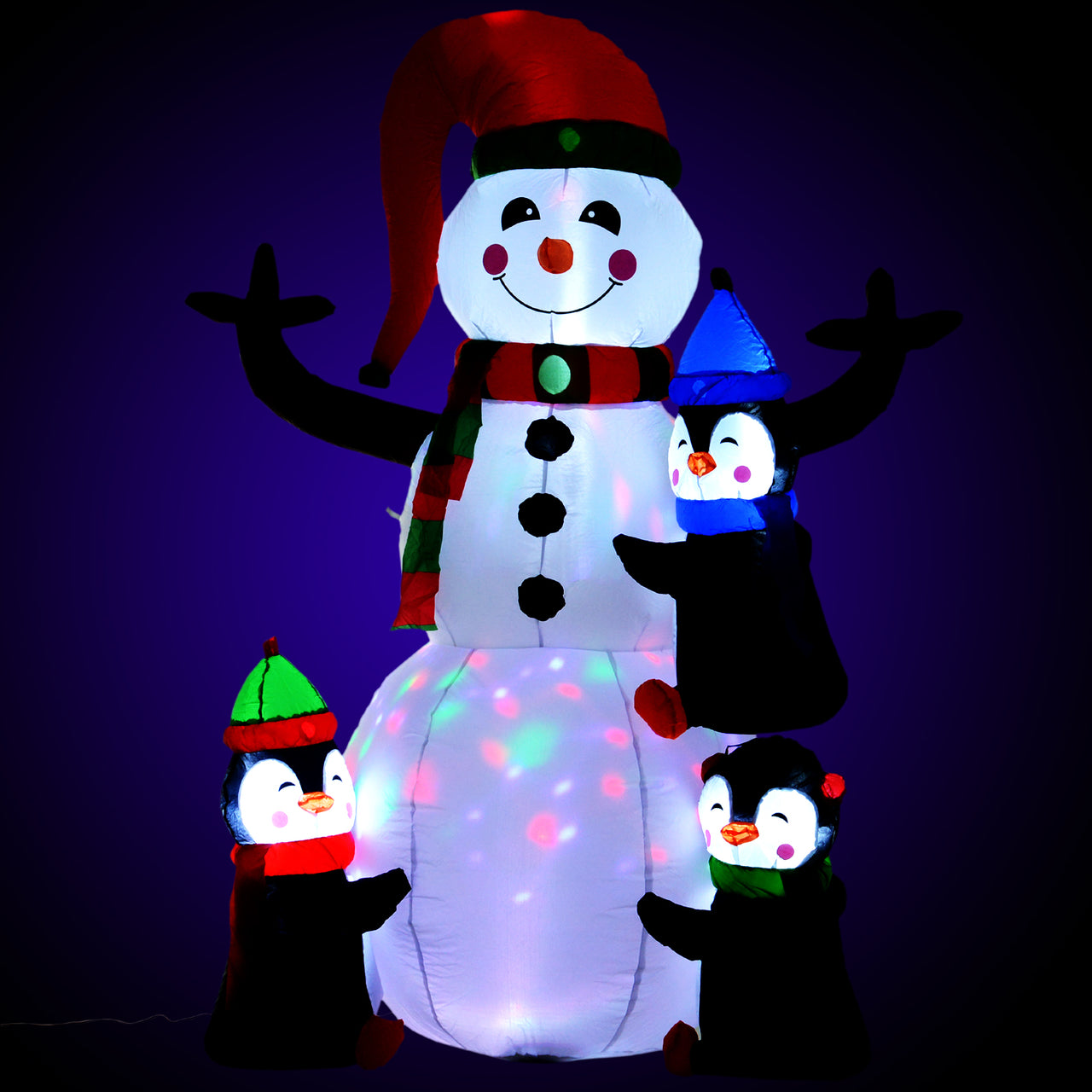 Opblaasbare LED sneeuwman met 3 pinguïns en kerstverlichting 180 cm