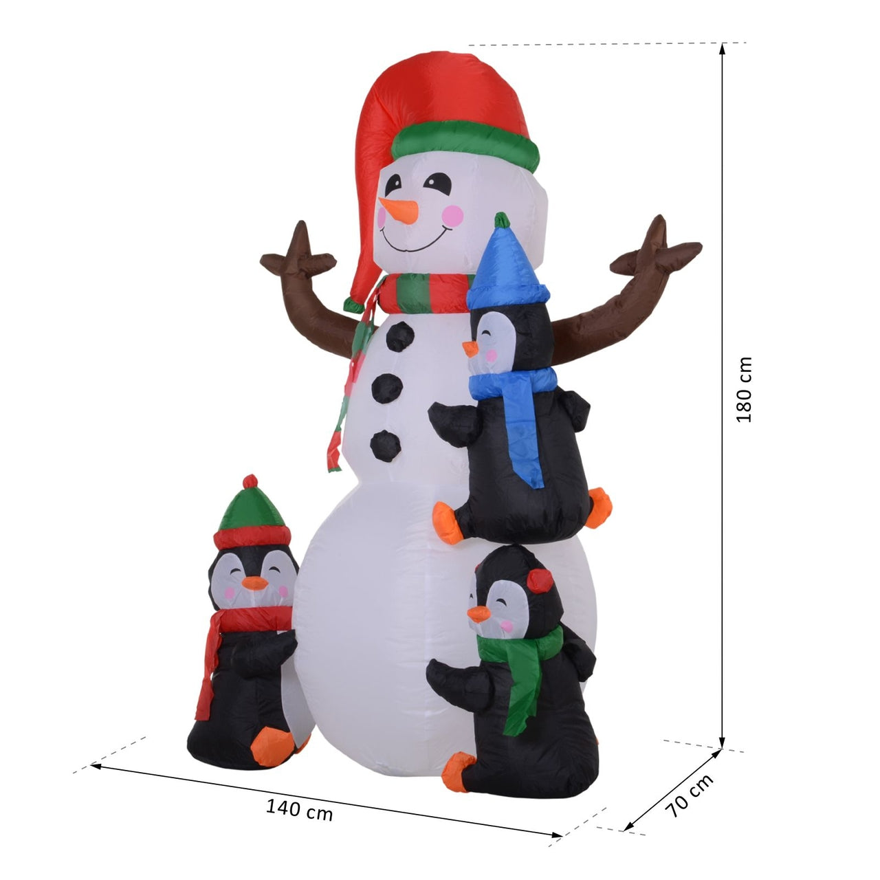 Opblaasbare LED sneeuwman met 3 pinguïns en kerstverlichting 180 cm