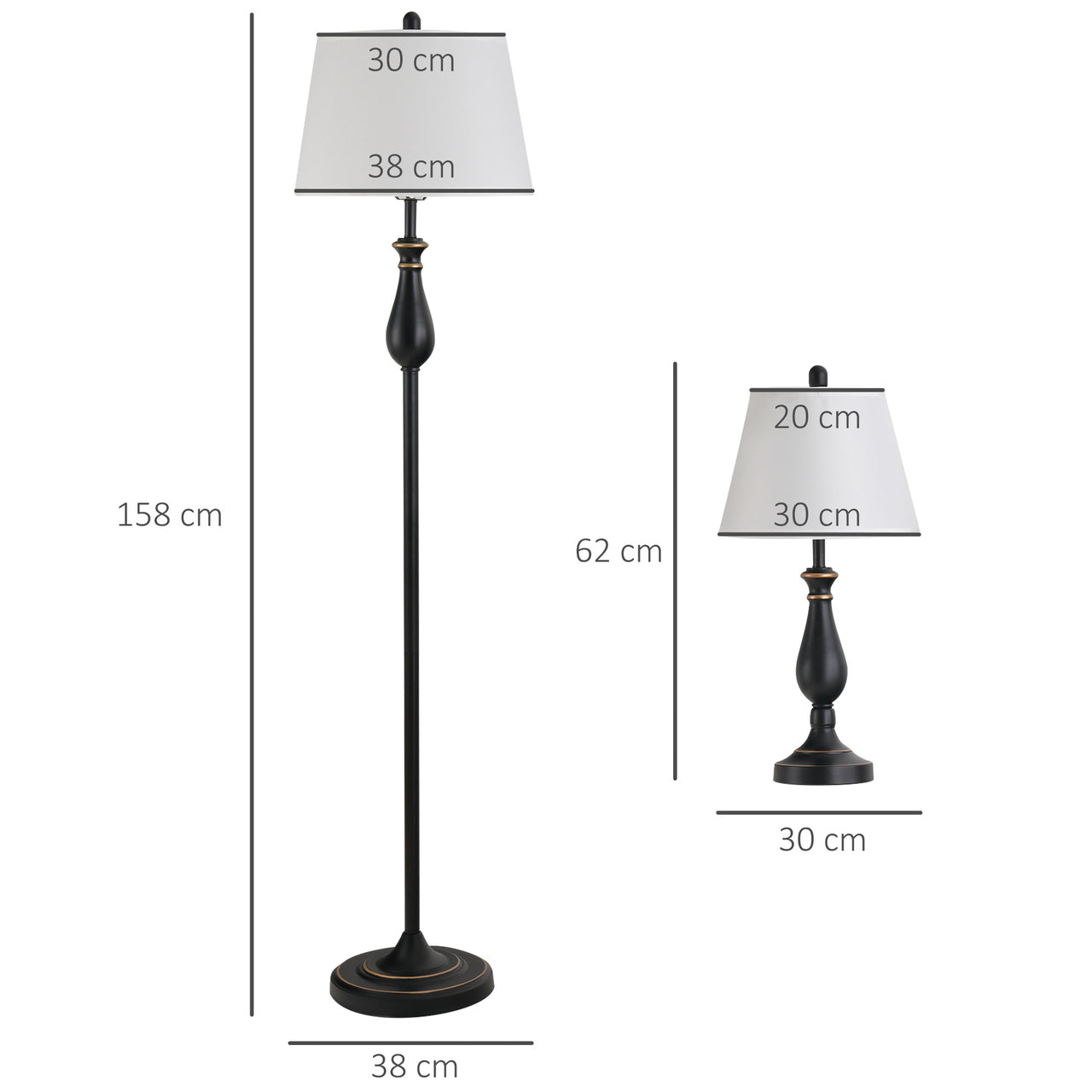Set vintage verlichting: staande lamp en 2 tafellampen in zwart voor warme ambiance