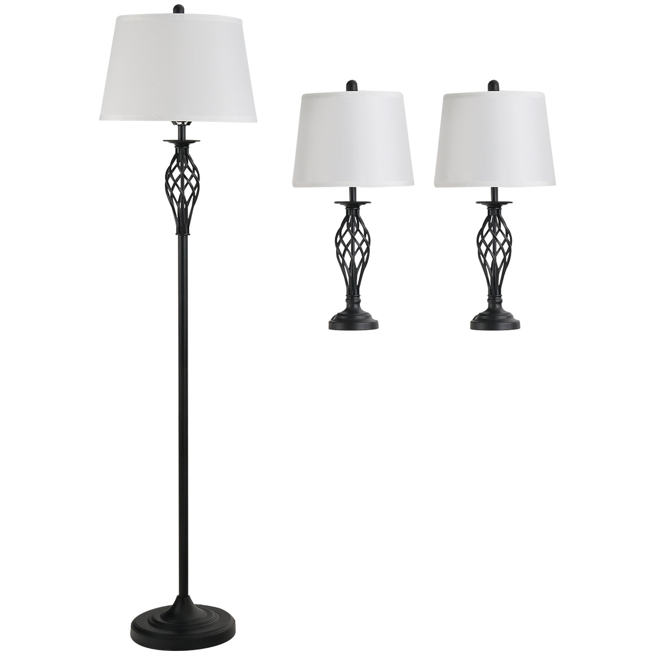 Set vintage verlichting: staande lamp en 2 tafellampen in wit en zwart voor stijlvolle ambiance
