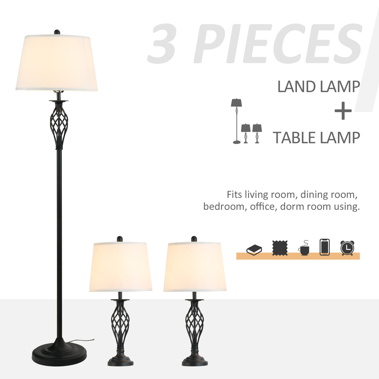 Set vintage verlichting: staande lamp en 2 tafellampen in wit en zwart voor stijlvolle ambiance