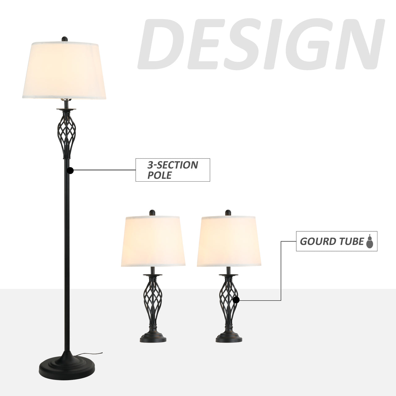 Set vintage verlichting: staande lamp en 2 tafellampen in wit en zwart voor stijlvolle ambiance