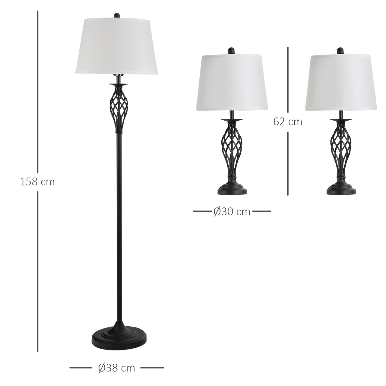 Set vintage verlichting: staande lamp en 2 tafellampen in wit en zwart voor stijlvolle ambiance