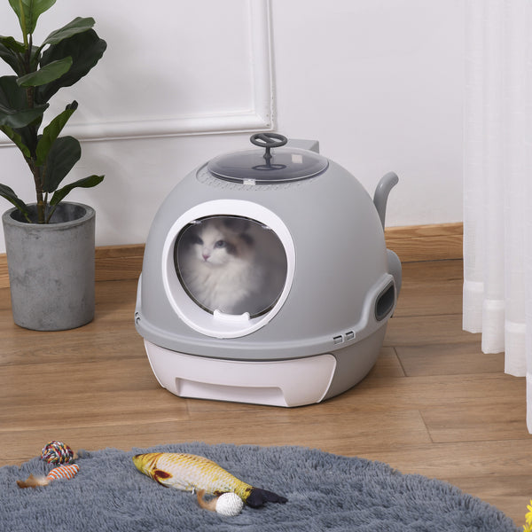 Draagbare kattenbak grijs met onderbak voor eenvoudige reiniging en gebruiksgemak