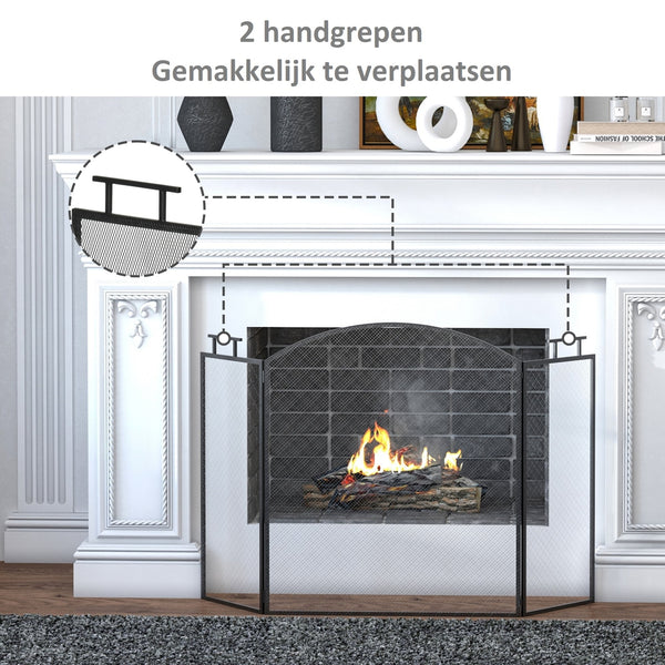 Zwart haardscherm 128x77 cm met vonkenscherm voor veilige warmte bij open haard of kachel