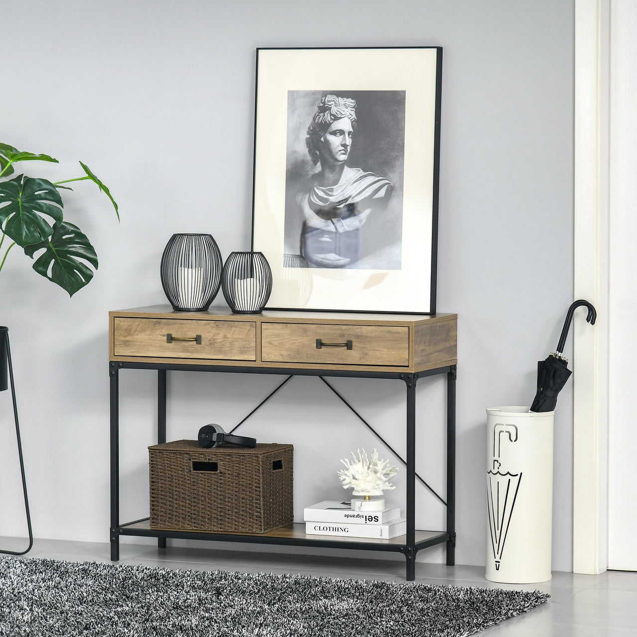Industriële wandtafel 100x35x77 cm met houtlook blad en metalen frame voor hal of woonkamer | Zenzee