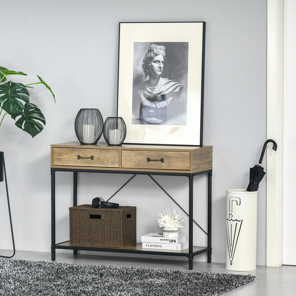 Industriële wandtafel 100x35x77 cm met houtlook blad en metalen frame voor hal of woonkamer | Zenzee