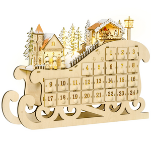 Adventskalender volwassenen hout met LED verlichting 45x10x31 cm in sledevorm met kerstdecoratie en genummerde vakjes