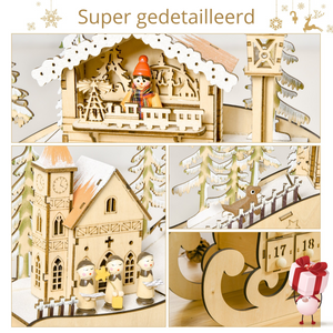 Adventskalender volwassenen hout met LED verlichting 45x10x31 cm met gedetailleerde kerstscènes en sfeervolle verlichting