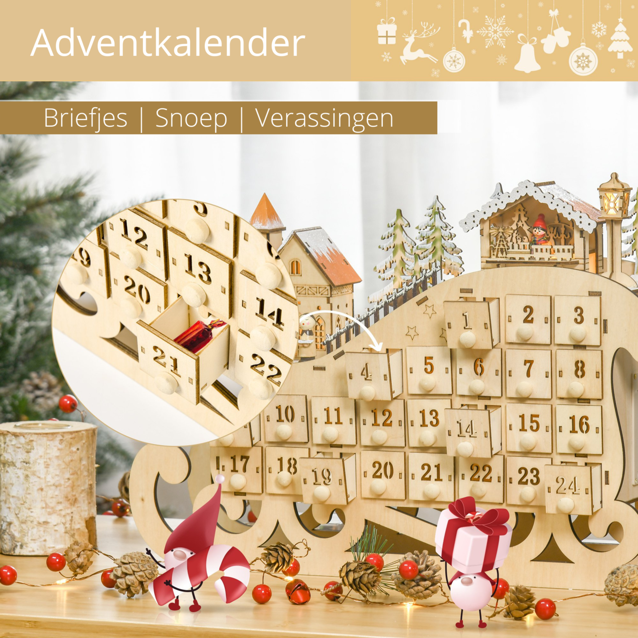 Adventskalender volwassenen hout met LED verlichting 45x10x31 cm