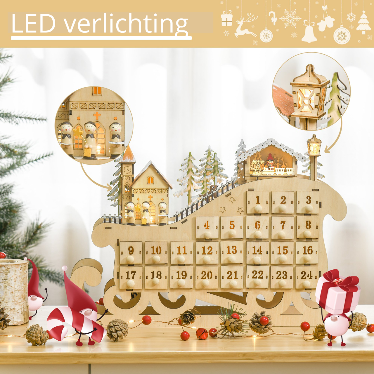 Adventskalender volwassenen hout met LED verlichting 45x10x31 cm