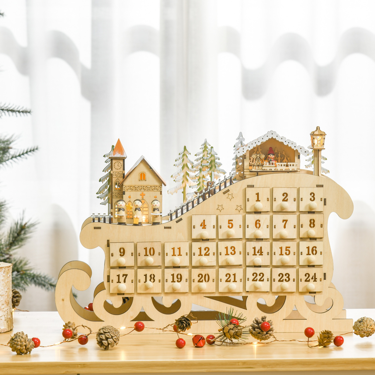 Adventskalender volwassenen hout met LED verlichting 45x10x31 cm