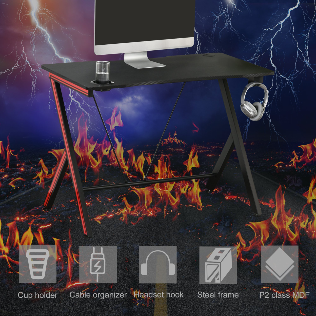 Gaming bureau luxe uitvoering met bekerhouder en headset houder 105 cm