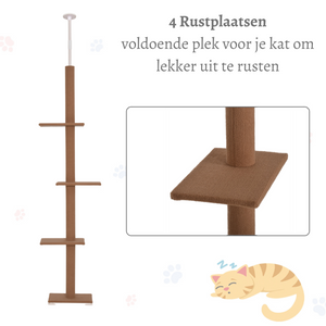 Verstelbare krabpaal bruin 228–260 cm – Slank design met plafondsteun en 4 zachte rustplaatsen voor kattencomfort