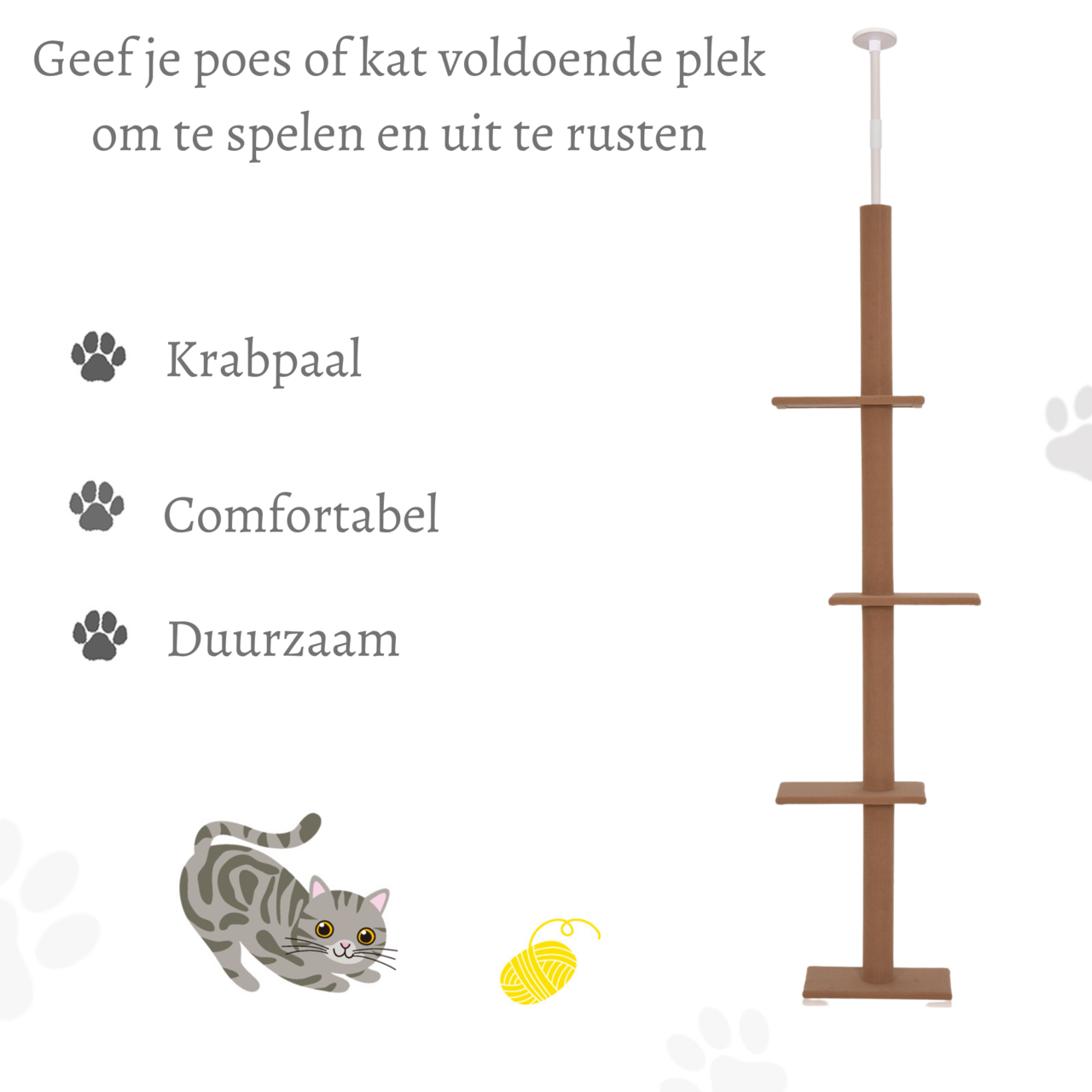 Verstelbare krabpaal bruin 228–260 cm – Slank design met plafondsteun voor klimmen en krabben