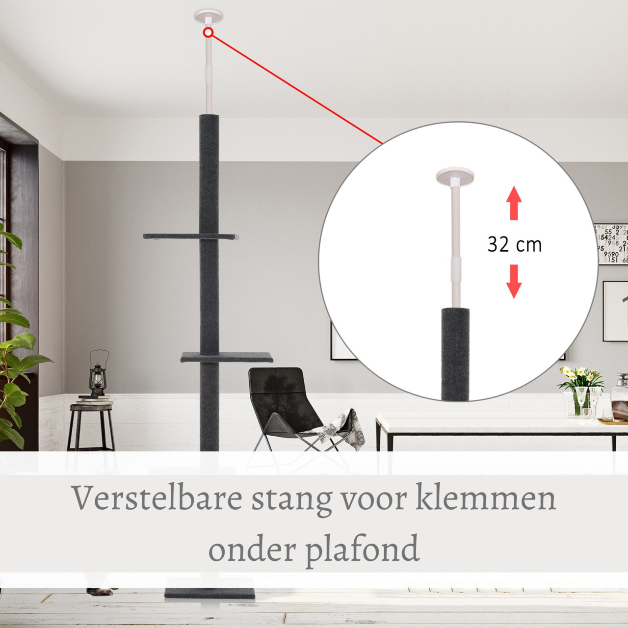 Verstelbare krabpaal bruin 228–260 cm – Slank design met plafondsteun voor klimmen en krabben
