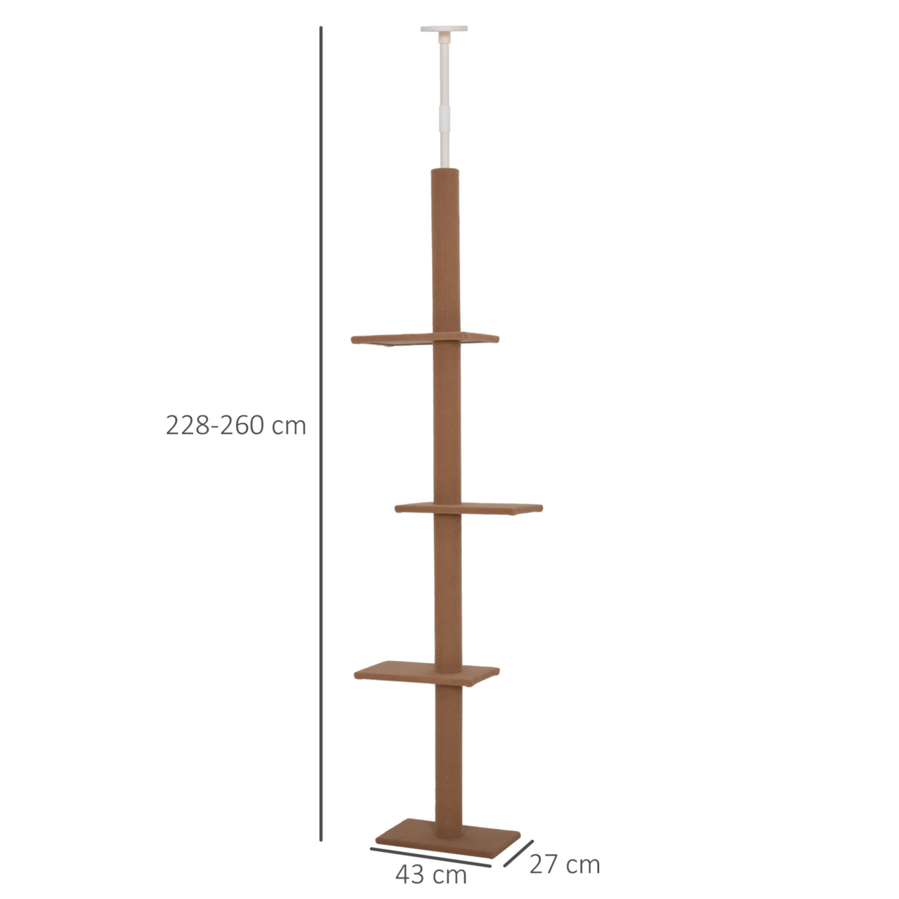 Verstelbare krabpaal bruin 228–260 cm – Slank design met plafondsteun voor klimmen en krabben