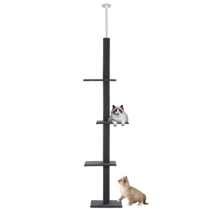Hoogte verstelbare krabpaal grijs 228–260 cm – Slank model met plafondbevestiging, vier verdiepingen en zachte pluchen platforms voor actieve katten