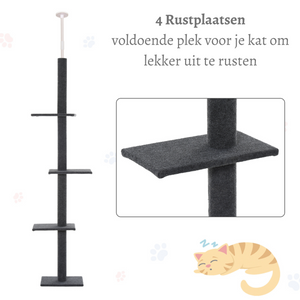 Hoogte verstelbare krabpaal grijs 228–260 cm – Slank model met plafondbevestiging met 4 pluchen rustplaatsen voor actieve katten