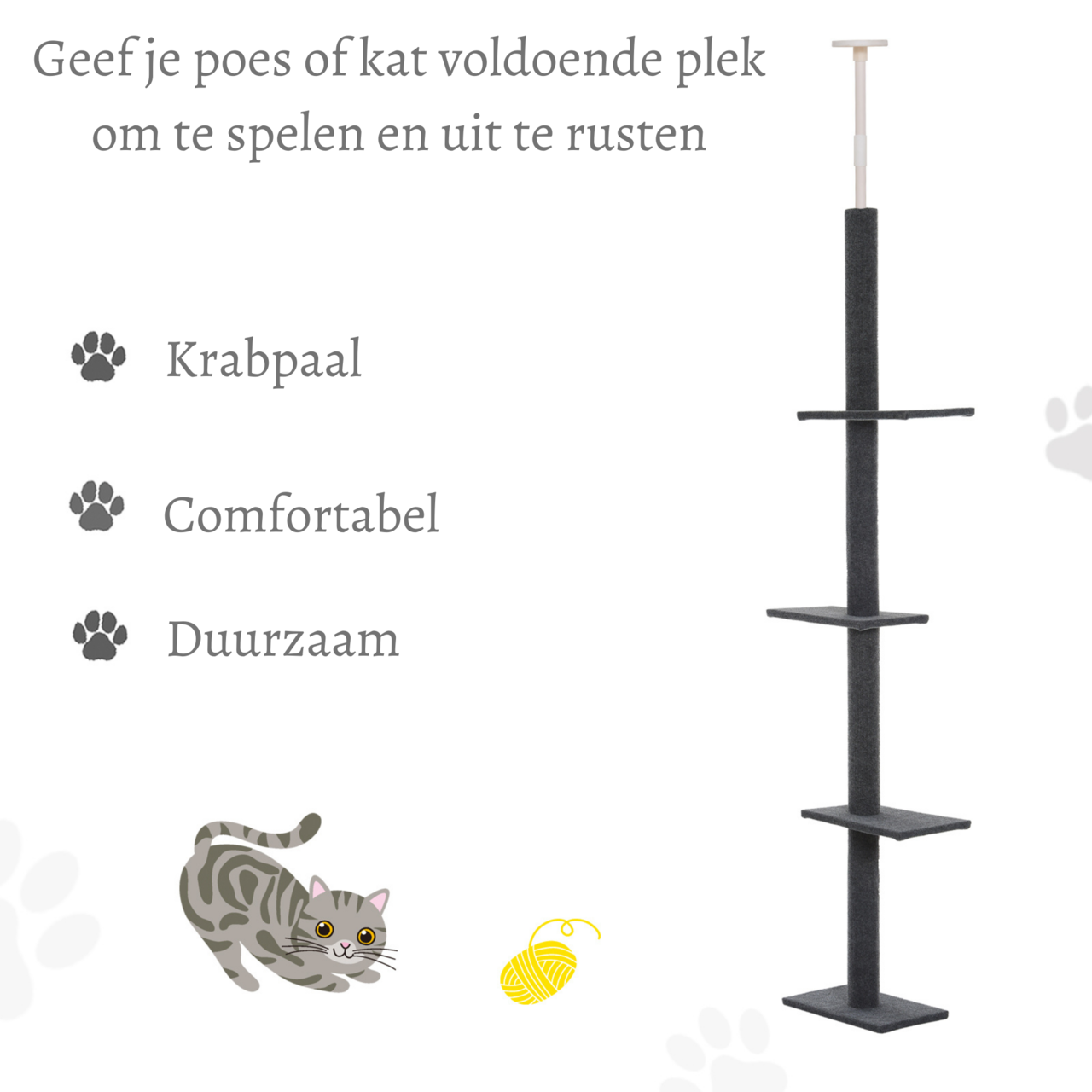 Hoogte verstelbare krabpaal grijs 228–260 cm – Slank model met plafondbevestiging voor actieve katten